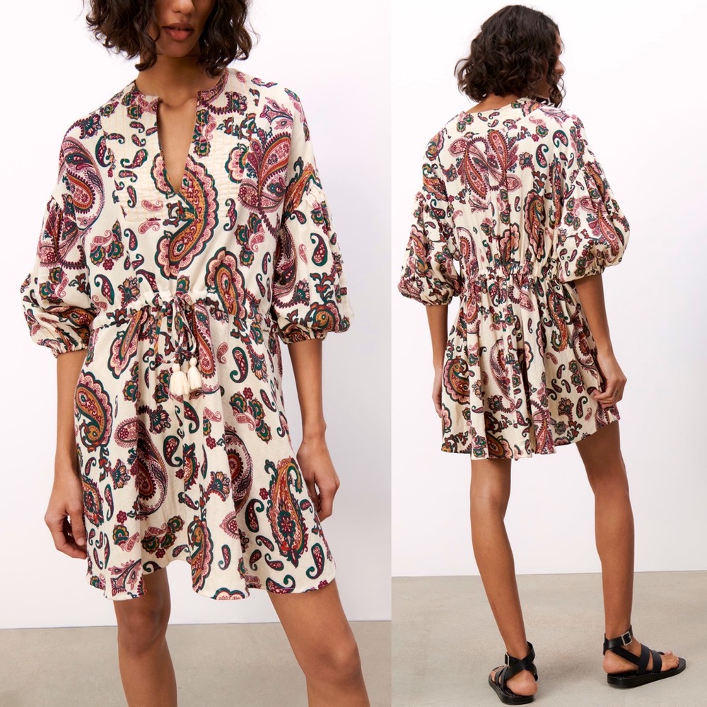 Zara COTTON PAISLEY PRINT MINI DRESS 3/4 Sleeves SIZE XS NEW